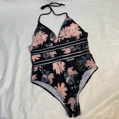 SHEIN One Piece Swimsuit Womens XL Black w Pink Flowers Sheer Stripes Hi Cut - Image 1 of 4