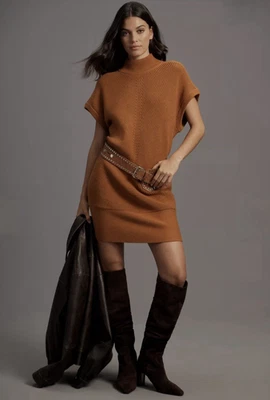 Anthropologie Size XS Short-Sleeve Mock-Neck Sweater Mini Dress Camel Brown Fall - Image 1 of 4
