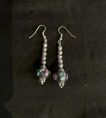 Floral Pink And Green Murano Bead Earrings One Of A Kind  - Image 1 of 3