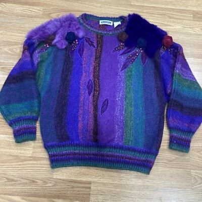 VINTAGE Mariea Kim Sweater Womens Medium Purple Wool Blend Real  Fur Trim Ladies - Image 1 of 4