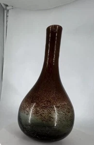Vaso fiori vintage alto vetro soffiato a mano struttura crepitante marrone maculato 11 in - Foto 1 di 8