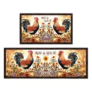 Rooster Kitchen Decor Rug 2 Piece Set Country Farmhouse Sunflower Kitchen Flo... - Picture 1 of 6