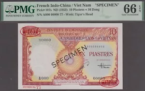 French Indochina 10 Piastres Specimen Note P-107s ND 1953 PMG 65EPQ - Picture 1 of 2