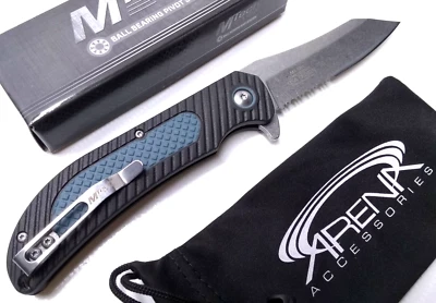 Cuchillo de bolsillo con bloqueo de botón de rodamiento de bolas dentado hoja Wharncliffe punta azul EDC Foto 1 de 4