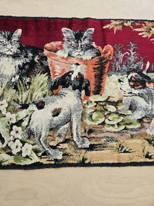 Vintage Tapestry Rug Puppies Playing With Cats Wall Hanging 20" x 38" See Photo - Picture 1 of 17