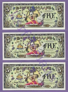 2005 ADT $5 GOOFY DISNEY DOLLARS ALL 3 MINTED A54057 D214957 T150657 2ND ISSUE - Picture 1 of 2
