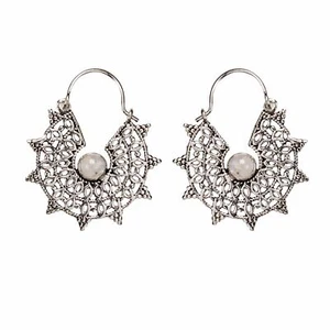 81stgeneration Moonstone Earrings Silver Brass C-Shape Sun Filigree Disc Hoop - Foto 1 di 10