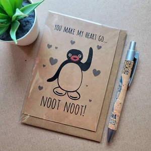 Funny Pingu Valentines Card - you make my heart go noot noot - 1990s love card - Picture 1 of 3