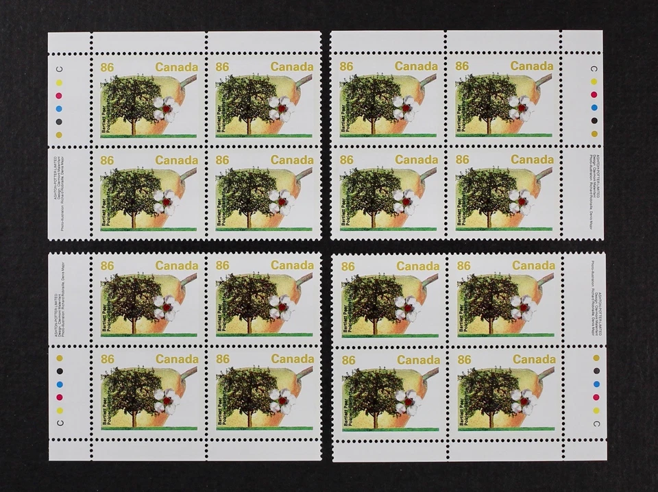 CANADA 1992 #1372, 86c Bartlett Pear, Matched Inscription Blocks Mint NH - Image 1 of 1
