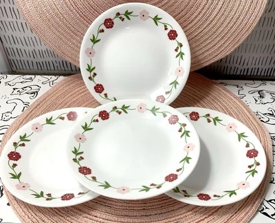 NEW Corelle Spring Pink Red Flower Floral Side Bread Plate Vintage Unused 4 Four - Image 1 of 4