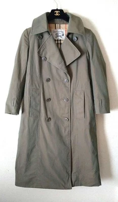 Burberry Olive Green Double-Breasted Trench Coat S Satin Glossy Used - Image 1 of 4
