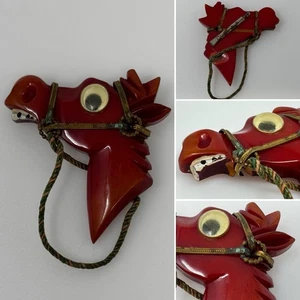 Bakelite Carved Horse Mule Donkey Brooch Pin VTG Googly Eye w/ Bridle **BROKEN** - Picture 1 of 22