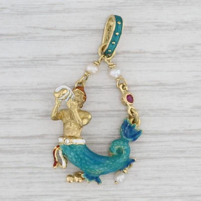 Merman Holding Conch Shell Pendant Ruby Pearls Diamond 18k Yellow Gold Enamel - Image 1 of 4