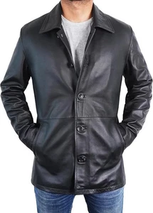 Chaqueta de cuero real para hombre 3/4 largo un solo pecho tres botones abrigo negro NUEVO - Imagen 1 de 7