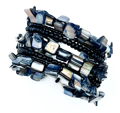 Dyed Mother Of Pearl Black Seed Bead Wide Cuff Bracelet - Image 1 of 4