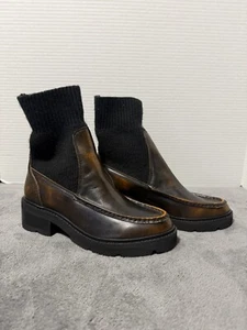 Frye 6m Astrid Knitted Crushed Leather in Black Caramel Chelsea Booties - Picture 1 of 7