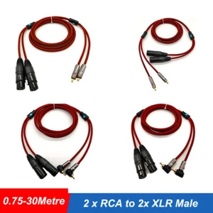 2 x XLR Male to 2 x RCA Male Gold Phono Plug Twin Lead Audio Signal Patch Cable - Picture 1 of 12