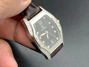 Swiss Made Cyma Black Dial Brown leather strap crystal Bezel Quartz Women Watch - Picture 1 of 17