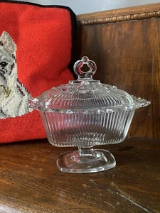 Vintage 7" Indiana Clear Glass Tiara Open Lace Pedestal Candy Dish with Lid - Picture 1 of 8
