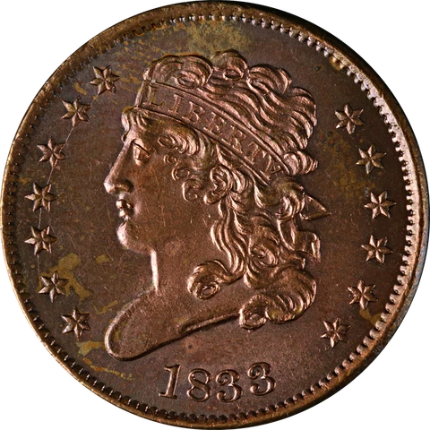 1833 Half Cent Choice BU++ C-1 R.1 Superb Eye Appeal Strong Strike Cover
