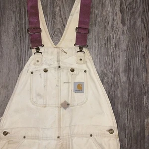 Vintage White Carhartt Overalls Shorts 34 Painter Carpenter Distressed THRASHED - Picture 1 of 10