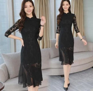 Mode Vintage Damen schmale Passform Cheongsam Abend Party Hochzeit Spitze Qipao Kleid - Bild 1 von 7