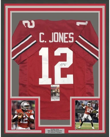 Framed Autographed/Signed Cardale Jones 33x42 Ohio State Red Jersey JSA COA Cover