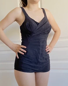 Vintage Catalina 1950s Swimsuit Black One Piece Retro Size 12 Pinup Ruched Front - Picture 1 of 12