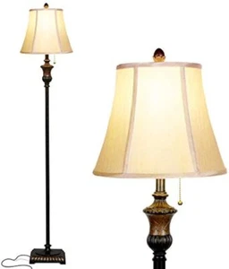 LED Floor Lamp Tall Modern Lamp with Bell Shape Fabric Shade Bronze Bedroom - Picture 1 of 7
