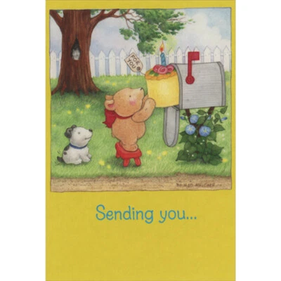 RECYCLED PAPER GREETINGS Little Bear on Red Stool Mailing Birthday Cake Cute Mary Melcher Birthday Card