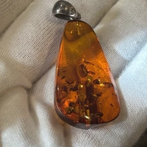 Pendant Vintage 925 Sterling Silver Locket 5 gram Baltic Amber Stone 2” - Picture 1 of 10