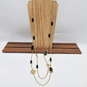 Chico’s Double Strand Gold Cable Link Necklace – Black Beads & Textured Nuggets - Picture 1 of 9