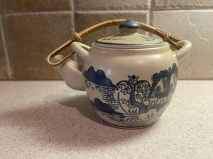Chinese Pottery Teapot Village Scene Water Trees Mountains Boats Blue Cream - Picture 1 of 8