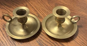 Vtg Brass Candle Holders (2) Chamberstick Finger Loop & Drip Tray Made In India - Picture 1 of 10