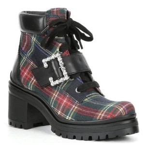 Stiefel Gianni Bini Rot Popstar Karo Strass Schnalle Stollensohle Wanderschuhe Neu - Bild 1 von 5