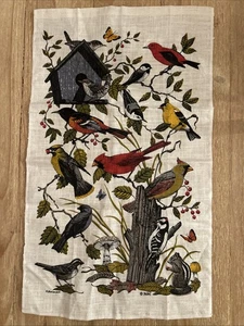 VTG Kay Dee Tea Towel Linen Hand Print R. Batchelder Birds Mushrooms 16” x 26" - Picture 1 of 4