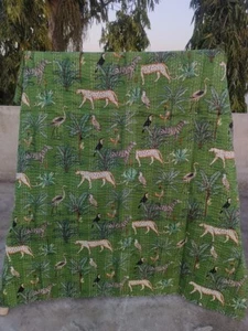 Boho GREEN Jungle Hand Print vintage Cotton Kantha Quilt Bedspread Gudari throw - Picture 1 of 6
