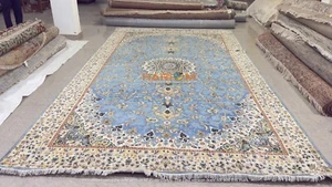 14 'x8' Fait à la Main Soie Tapis Carpet Luxe pour Chambre Lit Déco 144 Noeuds - Picture 1 of 7