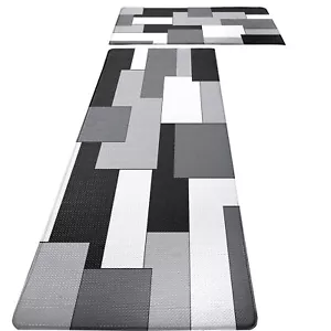 White Grey Black Kitchen Rugs and Mats Set of 2 Modern Abstract Art Cushioned... - Picture 1 of 7
