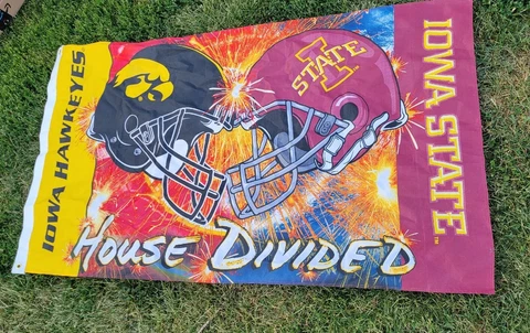 Vtg Iowa Hawkeyes vs Iowa State Cyclones House Divided Logo Rivalry Flag 3x5 FT Cover