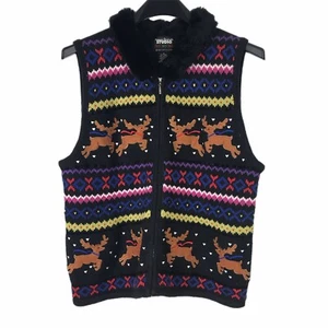 Womens Holiday Ugly Christmas Sweater Vest Zip Up Reindeer Black Size M Medium - Picture 1 of 7