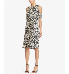 /LX003/ Ralph Lauren abito midi georgette spalle fredde crema navy taglia 10 $155 - Foto 1 di 2