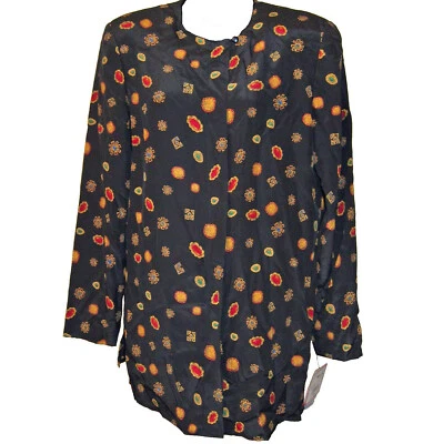 Драгоценности печати туника куртка блузка многоцветный 90-х винтажный новый размер 12 Leslie Fay черный новый из старых запасов - Изображение 1 из 4
