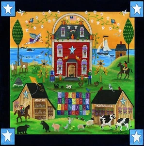 Originale Folk ART PaInTiNg SeAsidE FaRm HoNeY CoW BeAr AnGeL QuilT LaVeNdEr DoGs - Foto 1 di 9