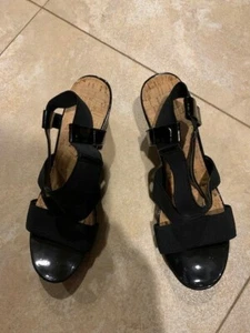 chaps patent leather wedge shoes size 9 excellent condition stretchy strapsblack - Picture 1 of 5
