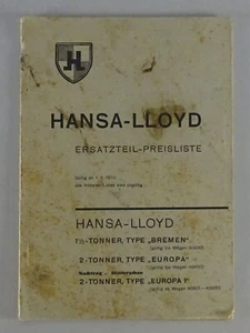 Lista de precios de piezas de repuesto Hansa Lloyd tipo Bremen + Europa / I de 05/1933 - Imagen 1 de 2
