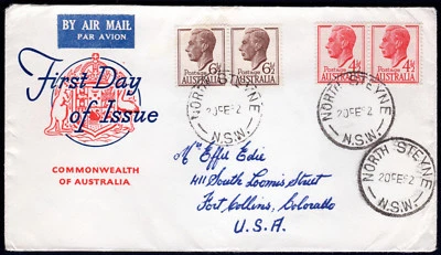 1952 KGVI 4 1/2d Red & 6 1/2d Brown Australia Royal Generic FDC Uprated to USA - Image 1 of 3