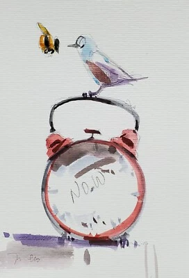 JOSE TRUJILLO Acuarela Pintura Coleccionable ORIGINAL Reloj Pájaro Abeja Firmado Certificado de Autenticidad Foto 1 de 4