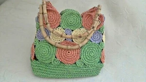 Raffia Spring Purse Multi Colored Bamboo Handles 10" x 10" by Quatre Saisons - Picture 1 of 8