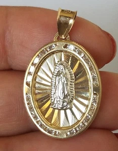 14k yellow white holy mother virgin Mary oval pendant charm 1.10 inch long cz - Picture 1 of 12